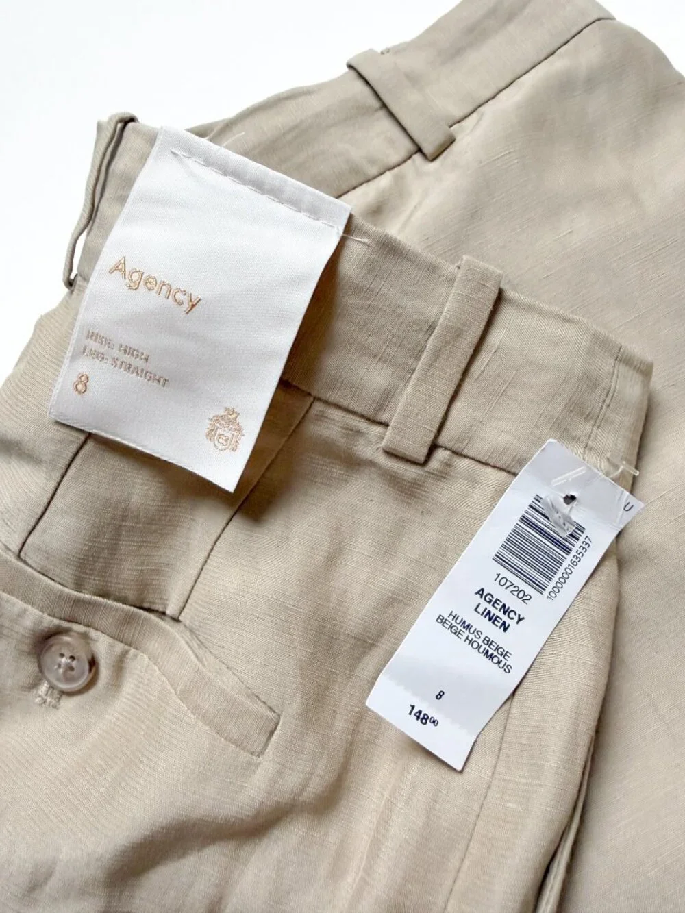 Aritzia Babaton Agency Linen High Rise Straight Leg Pant Humus Beige Size 8 NEW